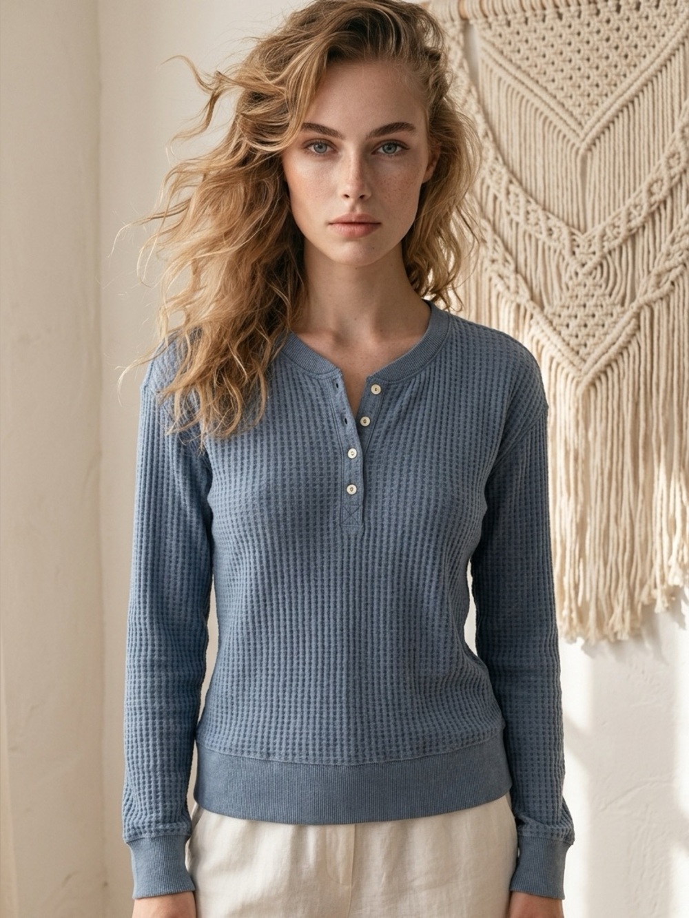 PJ Salvage Womens XS Periwinkle Thermal Waffle Knit Henley Morning Waffles NWT